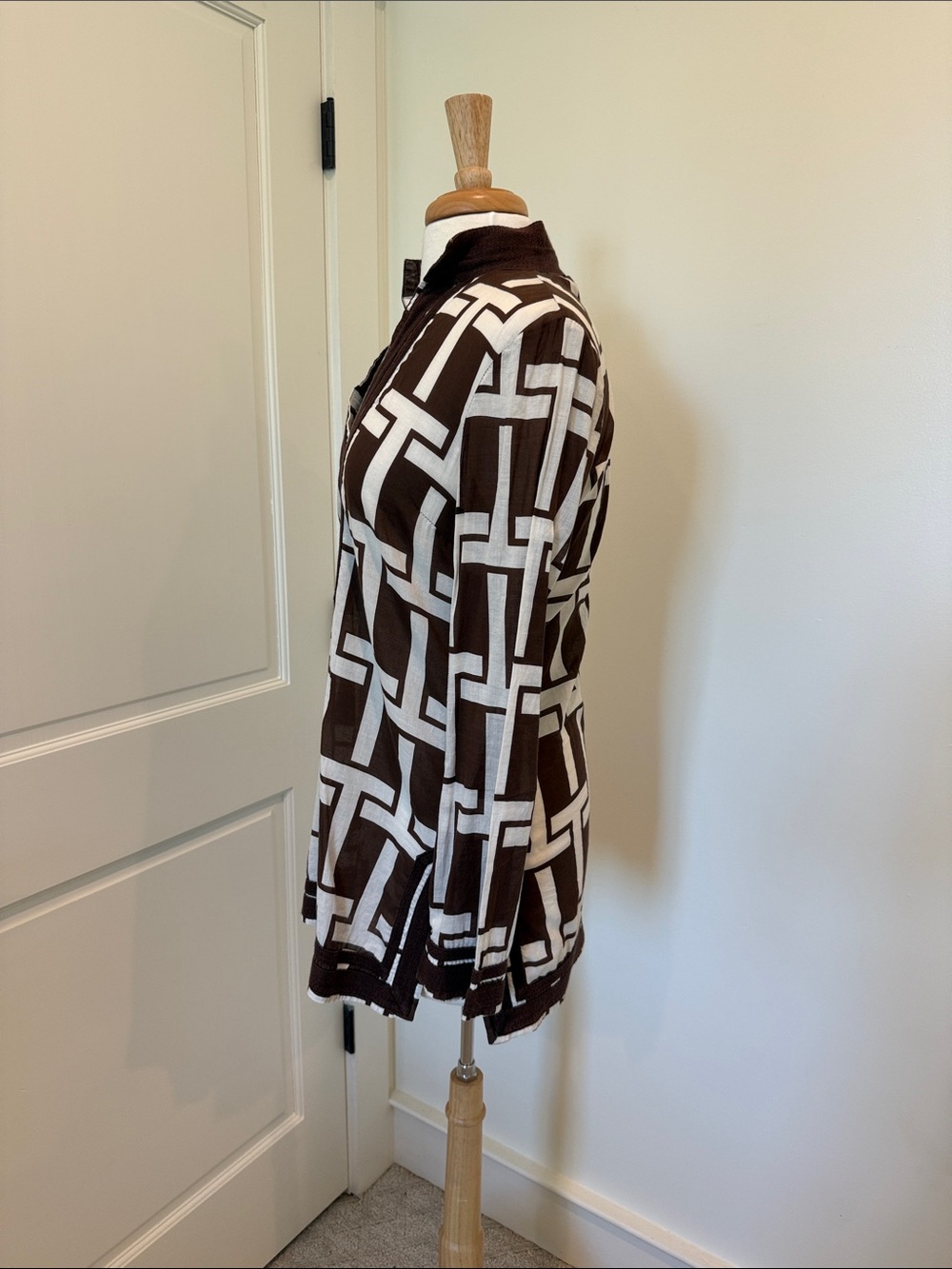 Tory Burch Brown and White Geometric V-Neck Tunic - Picture 2 of 8